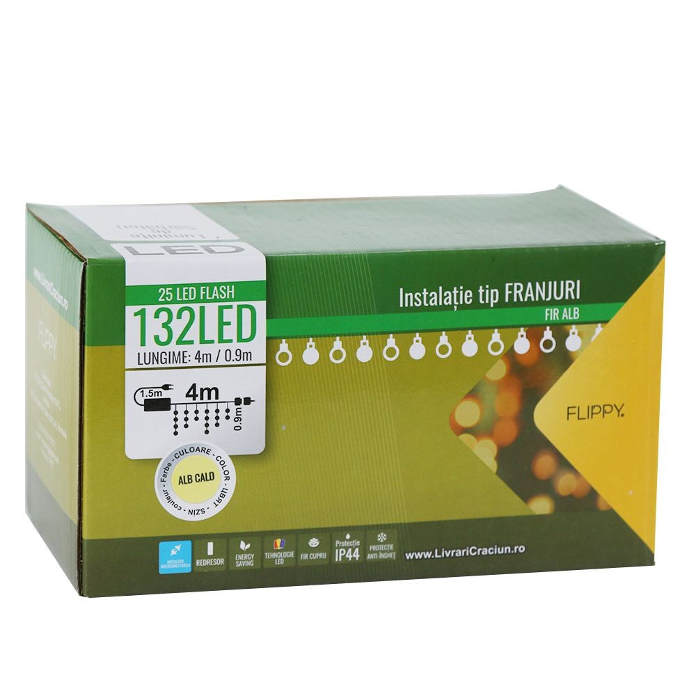 Instalatie De Craciun, Premium, Tip Franjuri Cu Flash, 4 M, 132 Led-Uri, Interconectabila
