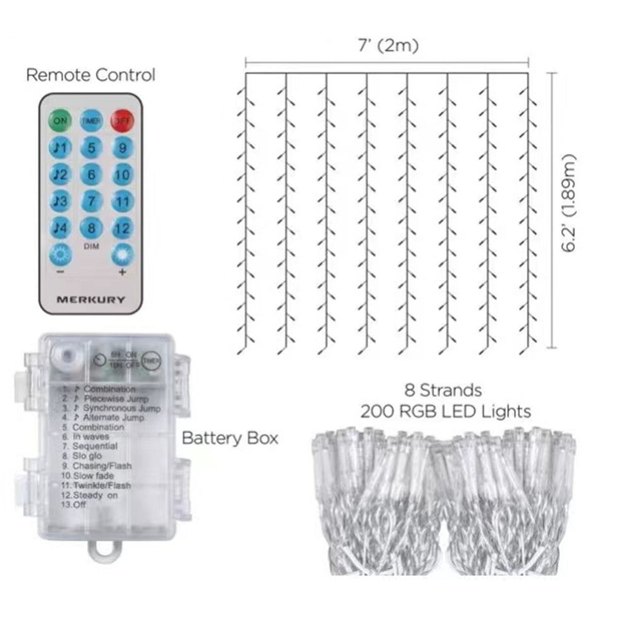 Instalatie Liniara Tip Perdea, 200 Led-Uri Cu Baterii, Telecomanda Cu 8 Jocuri De Lumini, 12.5