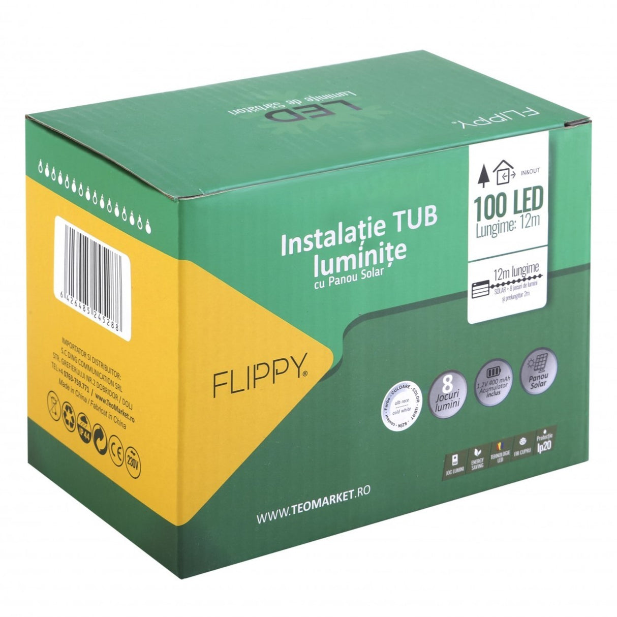 Instalatie Luminoasa De Craciun Tip Furtun Luminos, 100 Led-Uri, 12 Metri Lungime, 8 Programe, 2 Metri Prelungitor, Sarma Din Cupru, Incarcare Solara, Rece