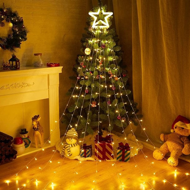 Instalatie Luminoasa Tip Perdea Pentru Pomul De Craciun, Cu Stea Luminoasa, 350 Led-Uri, Incarcare Solara, Interior/Exterior, Lumina Calda, Tree Dazzler