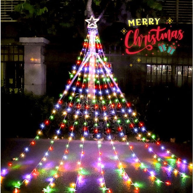 Instalatie luminoasa tip perdea pentru pomul de Craciun, cu stea luminoasa, 350 LED-uri, incarcare solara, interior/exterior, lumina multicolora, Tree Dazzler - vivimall.ro