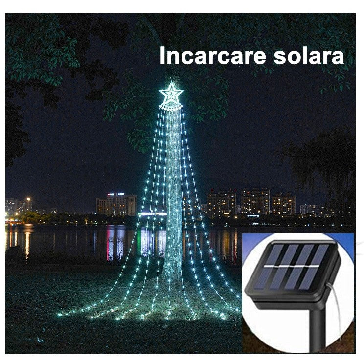 Instalatie Luminoasa Tip Perdea Pentru Pomul De Craciun, Cu Stea Luminoasa, 350 Led-Uri, Incarcare Solara, Pentru Exterior, Lumina Rece, Tree Dazzler - vivimall.ro