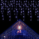 Instalatie Solara Craciun Turturi, IP44, 5 m, 143 Led-uri, Perdea Franjurata, albastru, 8 jocuri de lumini, cu Telecomanda, 31V, 500 mAh, Acumulator de 2400 mAh, Exterior, Prelungitor 5 m inclus, Fir Alb, Vivimall - vivimall.ro