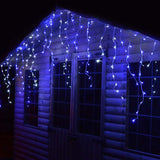 Instalatie Solara Craciun Turturi, IP44, 5 m, 143 Led-uri, Perdea Franjurata, albastru, 8 jocuri de lumini, cu Telecomanda, 31V, 500 mAh, Acumulator de 2400 mAh, Exterior, Prelungitor 5 m inclus, Fir Alb, Vivimall - vivimall.ro