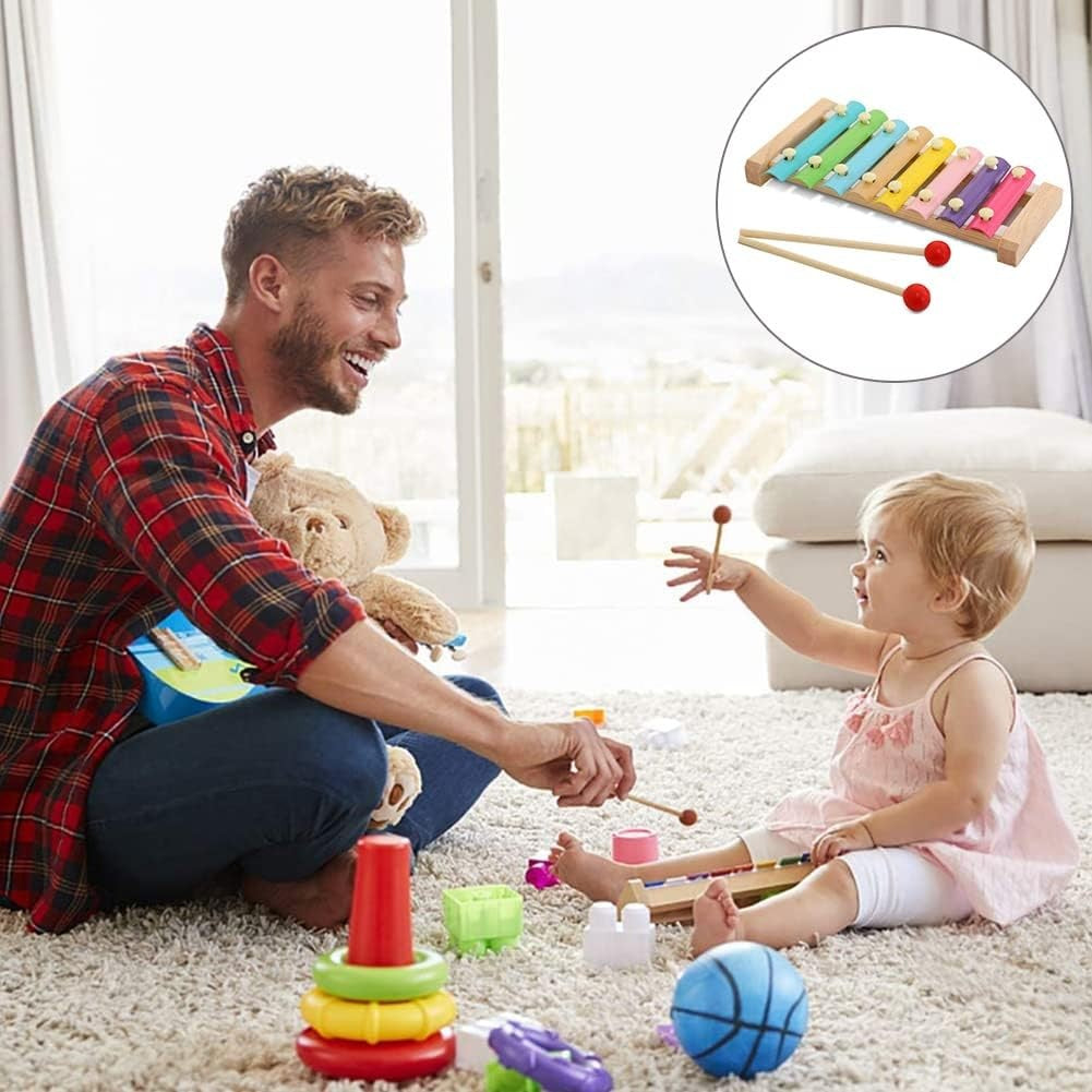 Instrument Muzical Xilofon Din Lemn, 8 Note Muzicale, 2 Bete De Percutie, 4-6 Ani, Multicolor Pastel - vivimall.ro