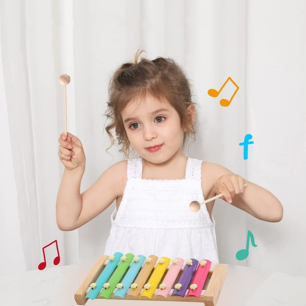 Instrument Muzical Xilofon Din Lemn, 8 Note Muzicale, 2 Bete De Percutie, 4-6 Ani, Multicolor Pastel - vivimall.ro