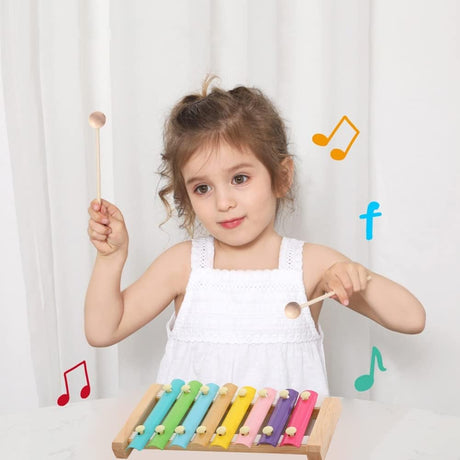 Instrument Muzical Xilofon Din Lemn, 8 Note Muzicale, 2 Bete De Percutie, 4-6 Ani, Multicolor Pastel - vivimall.ro