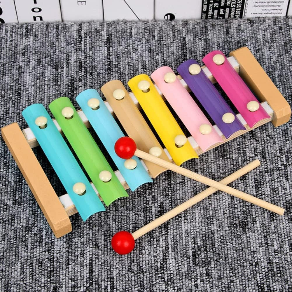 Instrument Muzical Xilofon Din Lemn, 8 Note Muzicale, 2 Bete De Percutie, 4-6 Ani, Multicolor Pastel - vivimall.ro