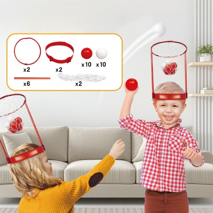 Set Interactiv Pentru Copii, Joc Cu Doua Cosuri De Baschet De Pus Pe Cap, Joc Dublu, 20 De Mingi Albe Si Rosii, Multicolor