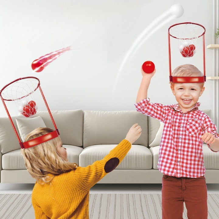 Set Interactiv pentru Copii, Flippy, Joc cu Doua Cosuri de Baschet de Pus pe Cap, Joc Dublu, 20 de Mingi Albe si Rosii, Multicolor