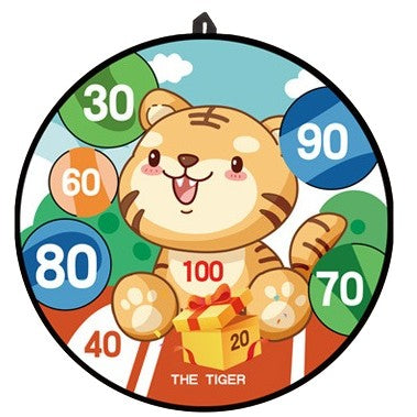 Joc Darts Vivimall pentru Copii, Placa Pliabila 36.5 cm, 8 Mingii Velcro/Scai Simple, 2 Mingii Luminoase, Model Tigru, Portocaliu - vivimall.ro