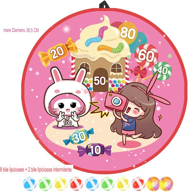 Joc Darts Vivimall pentru Copii, Placa Pliabila 36.5 cm, 8 Mingii Velcro/Scai Simple, 2 Mingii Luminoase, Model Acadele, Roz - vivimall.ro