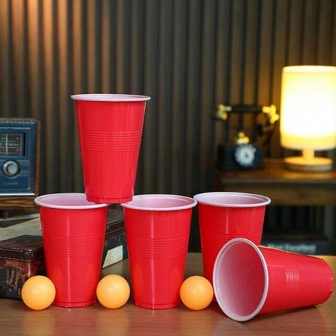 Joc de baut Beer Pong Vivimall, 24 Pahare, 24 Mingi, material plastic, reutilizabil, portabil, rosu - vivimall.ro