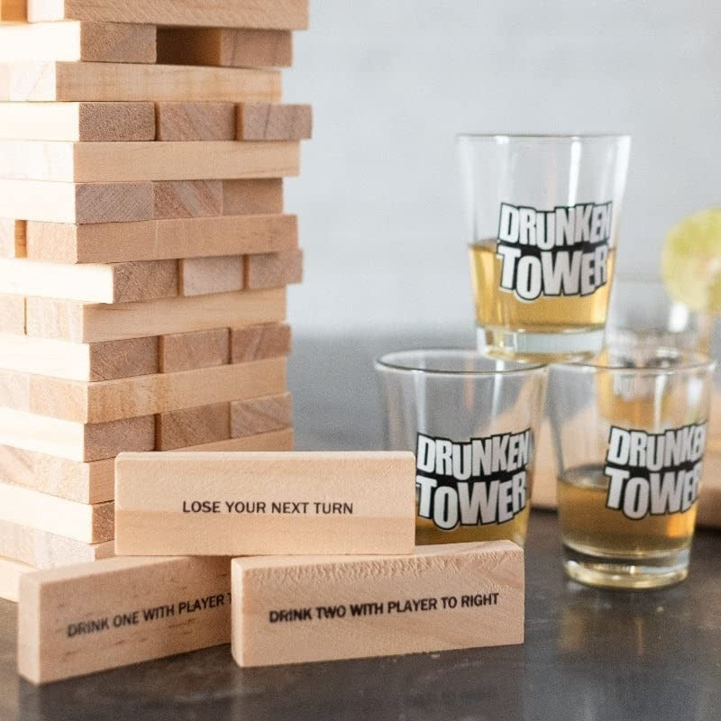 Joc De Baut Jenga Turnul Betivului Din Lemn, Piese Cu Provocari, Pahare De Shot Din Sticla Incluse - vivimall.ro