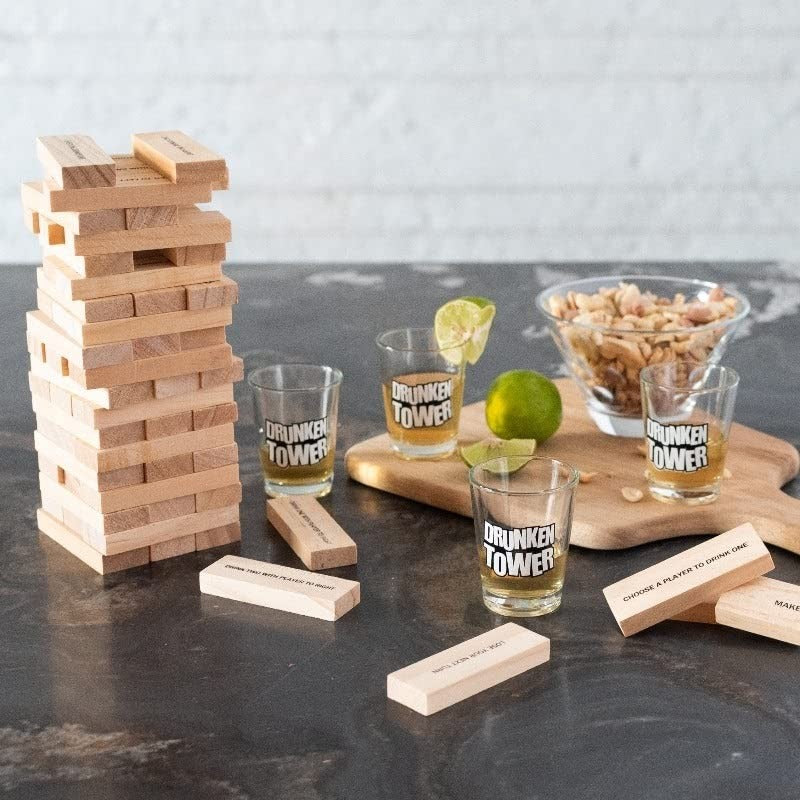 Joc De Baut Jenga Turnul Betivului Din Lemn, Piese Cu Provocari, Pahare De Shot Din Sticla Incluse - vivimall.ro
