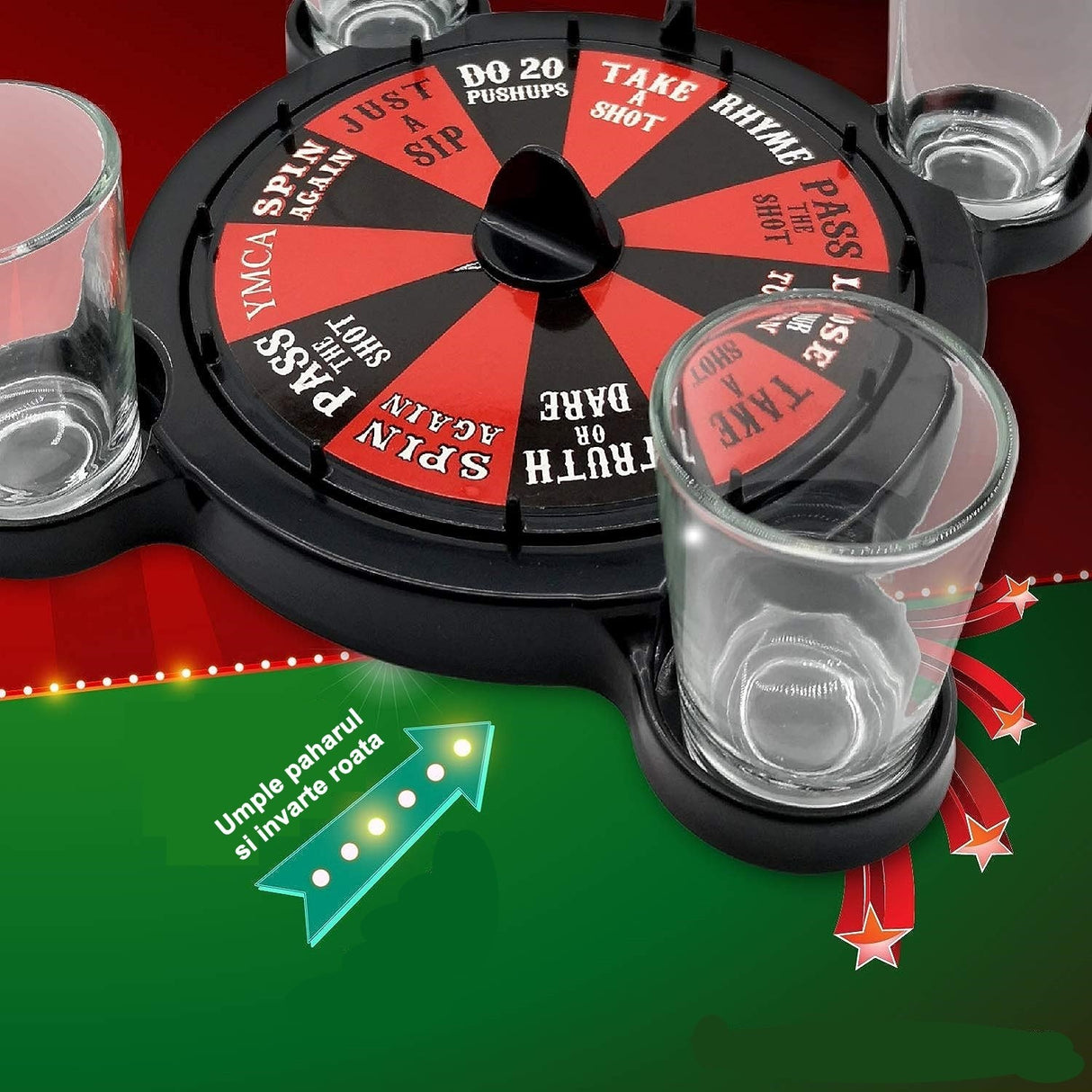 Joc de Baut Ruleta cu Pahare de Shot Vivimall, 15 x 16.5 cm, Rosu/Negru, Resigilat - vivimall.ro