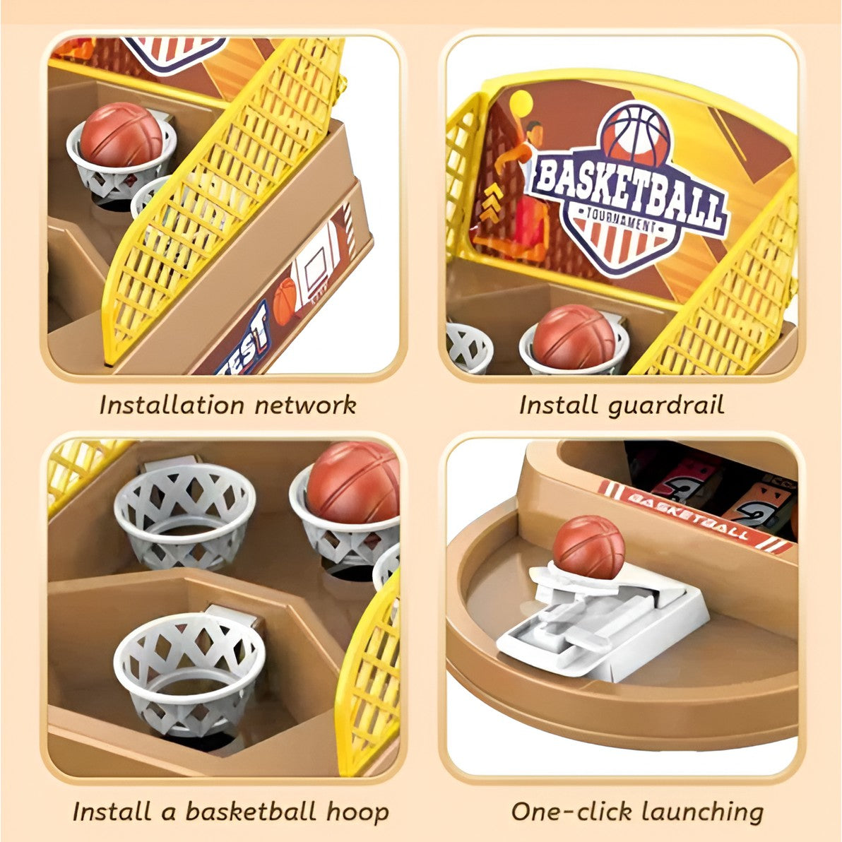 Joc de Masa Mini Baschet Interactiv pentru Copii, Vivimall, 4 Cosuri, 3 Mingi Incluse, 23.5x11.5x14 cm, Maro - vivimall.ro