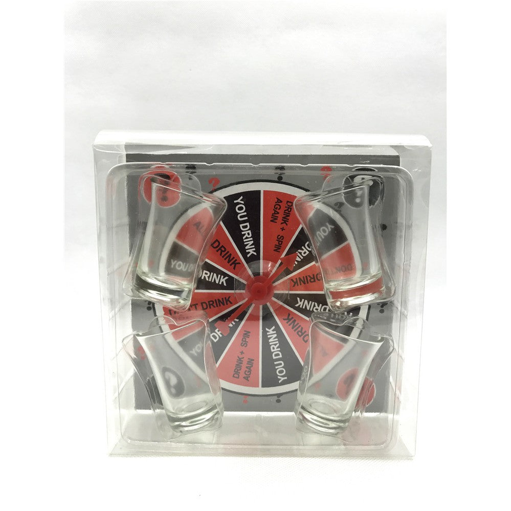 Joc de societate cu 4 pahare de shoturi din sticla Vivimall, ruleta norocului, pentru petreceri, 17x17x7.5cm - vivimall.ro