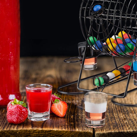 Joc Mini Loterie Vivimall, Bingo, cu Pahare de Shot din Sticla, 20 x 20 x 19 cm, 48 Bile, Negru - vivimall.ro