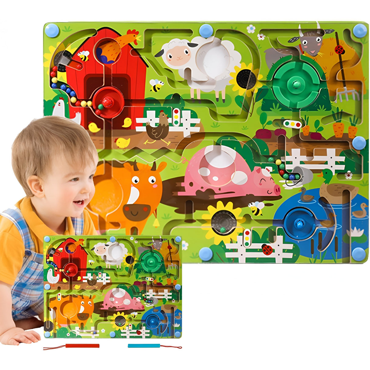 Joc Montessori De Sortare Culori, Creion Magnetic, Tip Labirint Ilustrat, Din Lemn - vivimall.ro