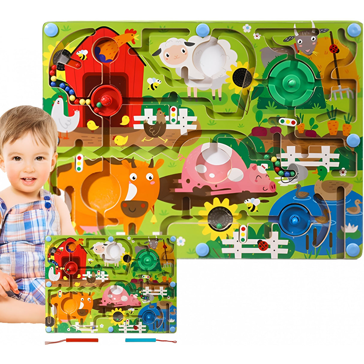 Joc Montessori De Sortare Culori, Creion Magnetic, Tip Labirint Ilustrat, Din Lemn - vivimall.ro