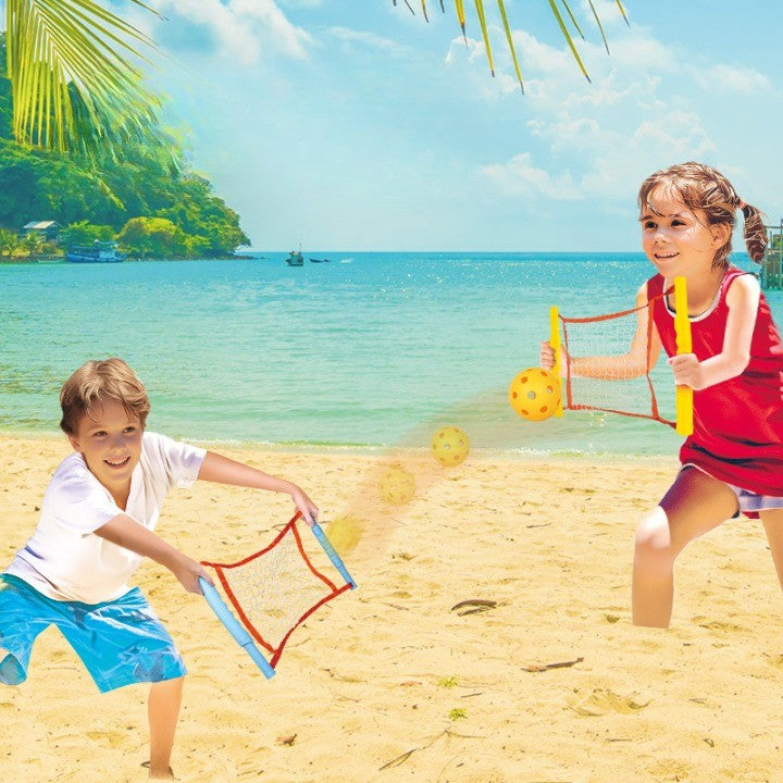 Joc Spikeball, Vivimall, pentru Copii, Joc in 2, pentru Plaja, Parcuri, Interior, 2 Plase, 2 Mingi Normale, 2 Mingi Luminoase, Senzorial, Prinderea Mingii, 50x30 cm,  Multicolor - vivimall.ro