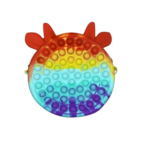 Jucarie antistres din silicon Flippy, Geanta Pop It, Vacuta, 16 cm, Curcubeu