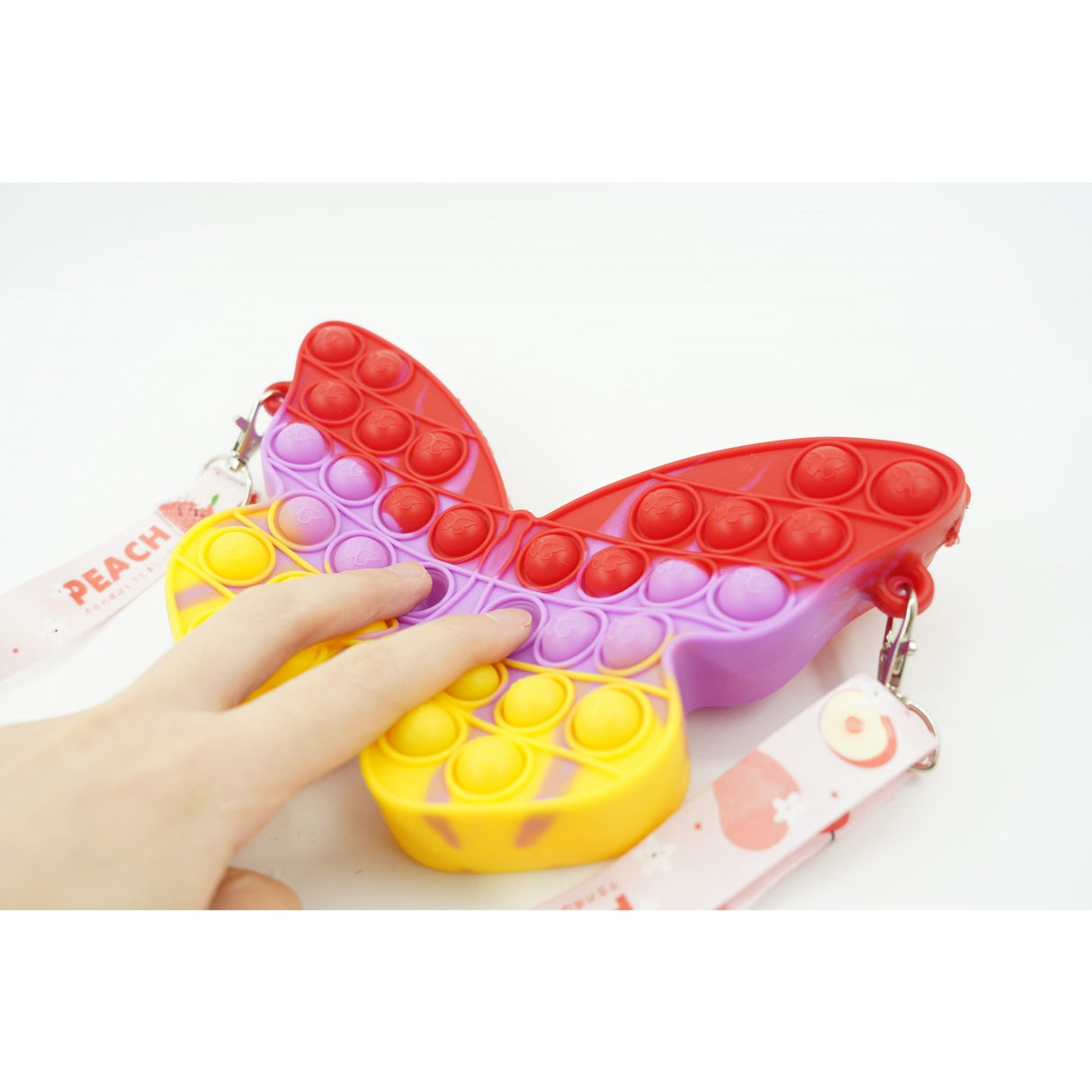Jucarie antistres din silicon, Flippy, Pop It Now and Flip It, Geanta de umar, Fluture, Galben/Mov - vivimall.ro