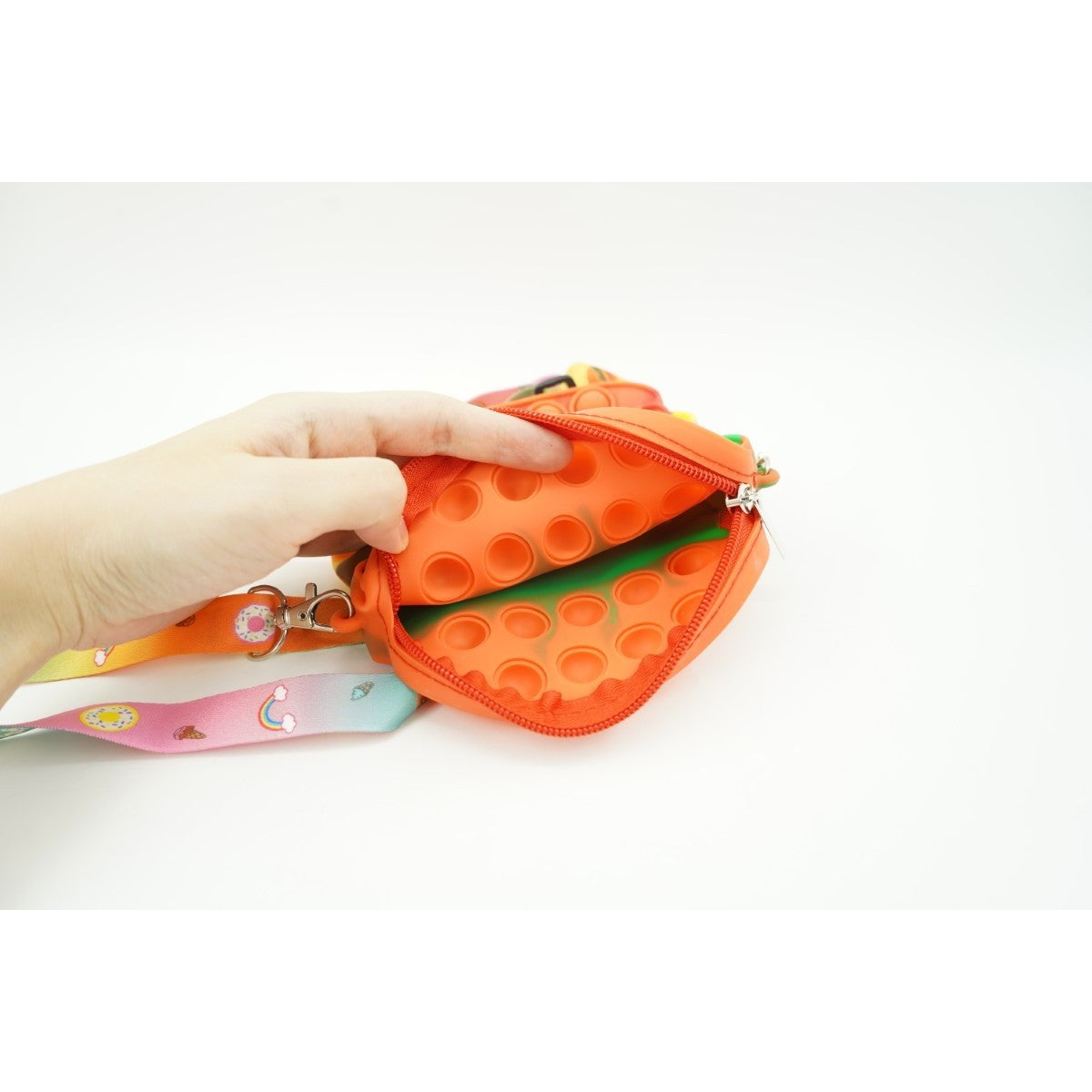 Jucarie antistres din silicon, Flippy, Pop It Now and Flip It, Geanta de umar, Hamburger, Portocaliu - vivimall.ro