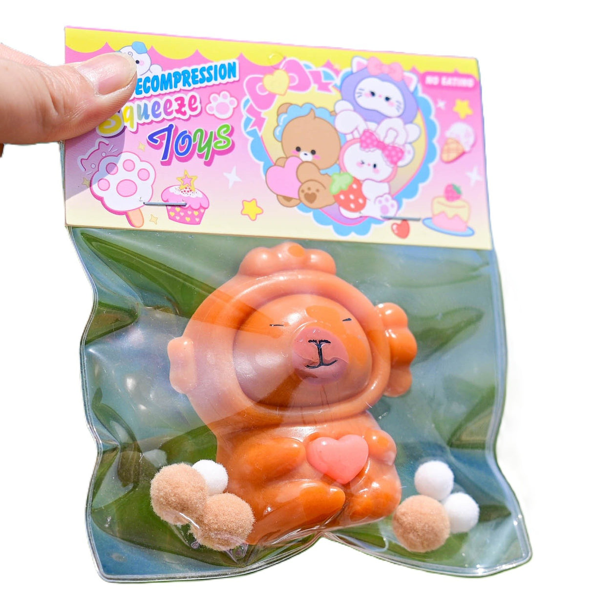 Jucarie Antistres Squishy, Flippy, cu Revenire Lenta, Model Capybara cu Inima, 7.5cmx6.5 cm, din TPR, Ambalaj Transparent, Maro - vivimall.ro
