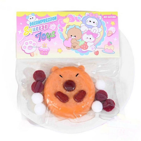 Jucarie Antistres Squishy, Vivimall, cu Revenire Lenta, Squeeze Pinch Family, Forma de Biscuite Rotund, Model Capybara, 7x6.5 cm, 55g, Ambalaj Transparent, Maro - vivimall.ro