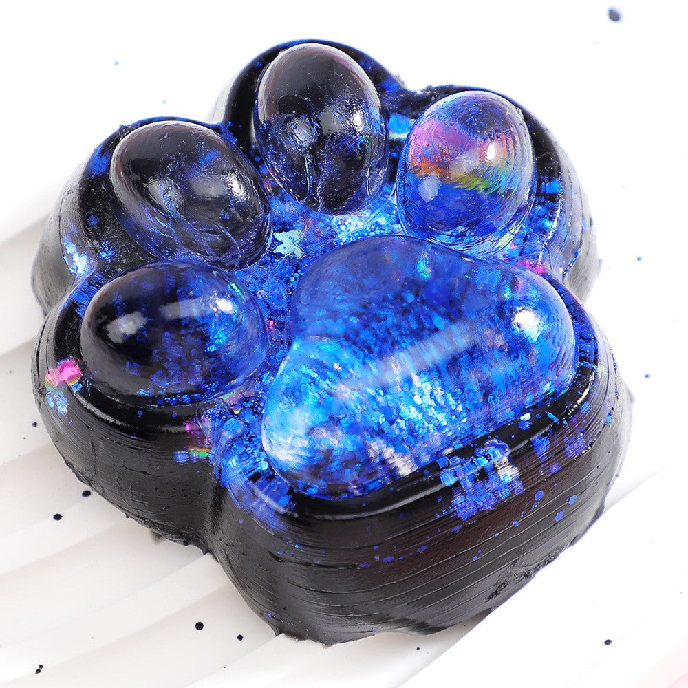 Jucarie Antistres Squishy, Vivimall, cu Revenire Lenta, Squeeze Pinch Family, Model Labuta de Pisica cu Sclipici, 6.5x6 cm, 60g, Ambalaj Transparent, Albastru-Negru