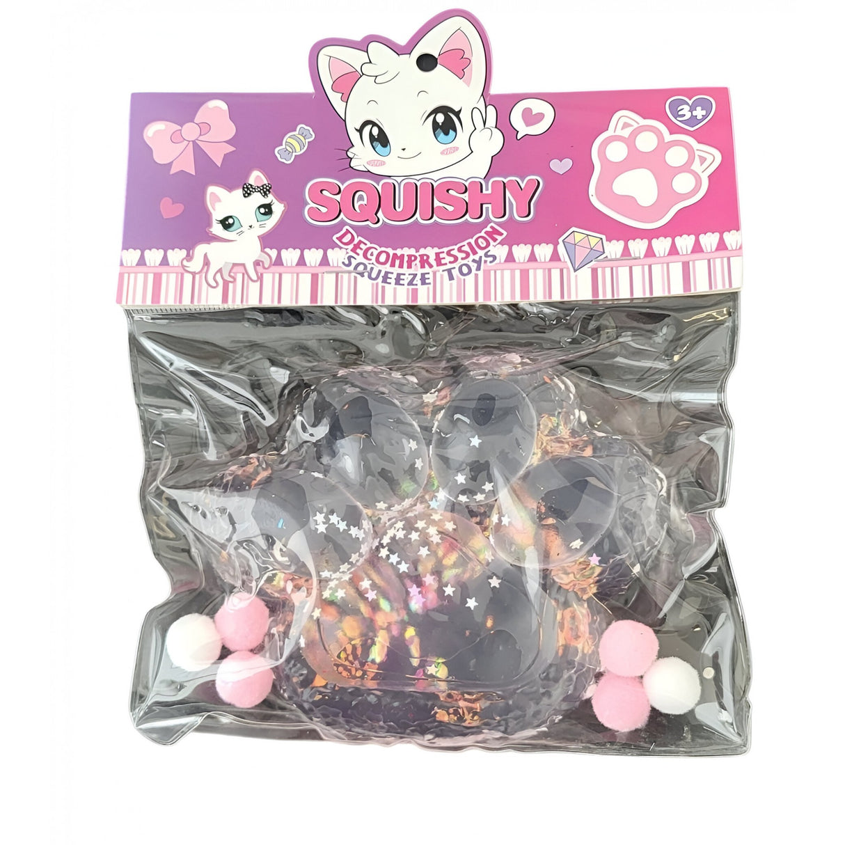 Jucarie Antistres Squishy, Vivimall, cu Revenire Lenta, Model Labuta de Pisica Pufoasa, 12.5x10.5 cm, 220g, Squeeze Pinch Family,-Roz transparent - vivimall.ro