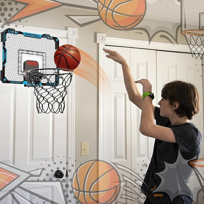 Cos de Baschet pentru Copii, Vivimall, cu Tablou de Bord Electronic, Minge, Pompa, 2 Moduri, Interior/Exterior, Inel Metalic si Rabatabil cu Arc, Luminos, 41x31x5 cm, Multicolor - vivimall.ro
