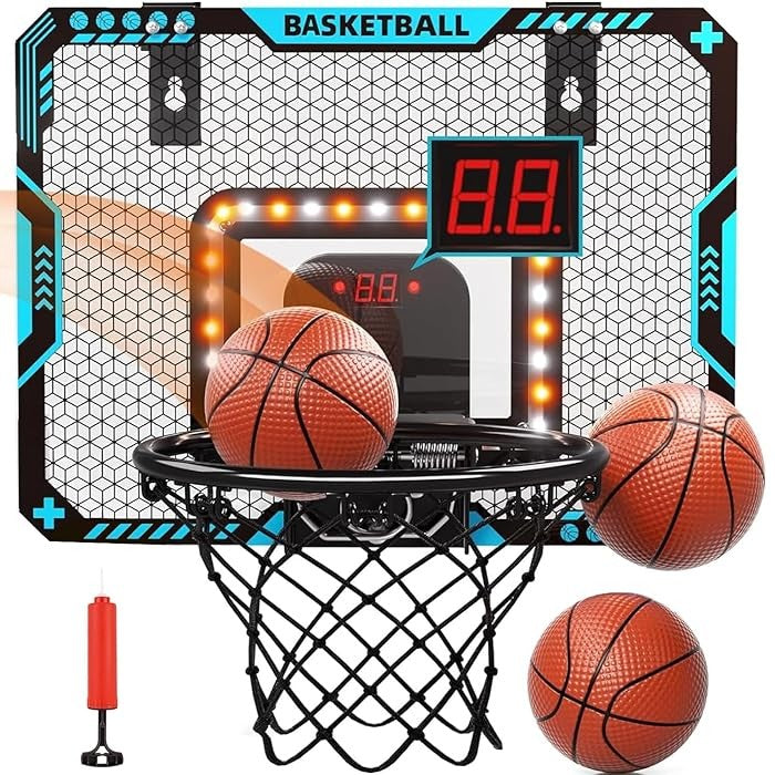 Cos de Baschet pentru Copii, Vivimall, cu Tablou de Bord Electronic, Minge, Pompa, 2 Moduri, Interior/Exterior, Inel Metalic si Rabatabil cu Arc, Luminos, 41x31x5 cm, Multicolor - vivimall.ro