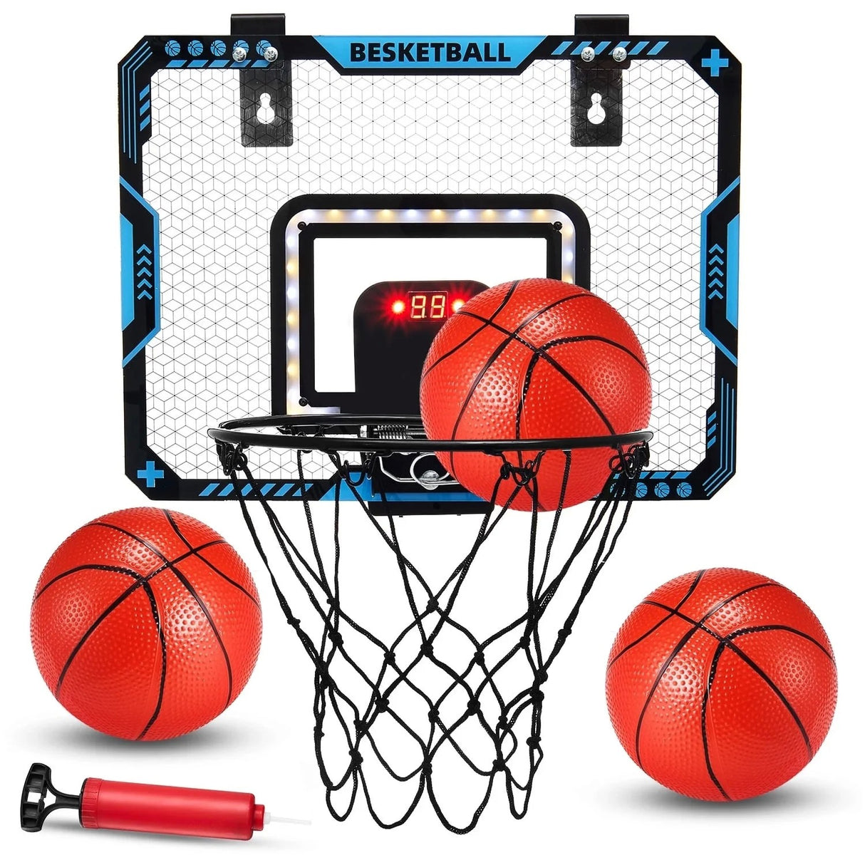 Cos de Baschet pentru Copii, Vivimall, cu Tablou de Bord Electronic, Minge, Pompa, 2 Moduri, Interior/Exterior, Inel Metalic si Rabatabil cu Arc, Luminos, 41x31x5 cm, Multicolor - vivimall.ro