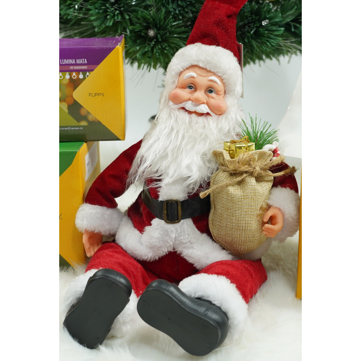 Jucarie decorativa, Flippy, Mos Craciun,  55 cm x 23 cm, grosime 25 cm, lana, tesatura de plus, poliester, interior/exterior - vivimall.ro