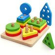 Set jucărie educativă Montessori din lemn, 16 piese forme geometrice multicolore, vedere frontală completă