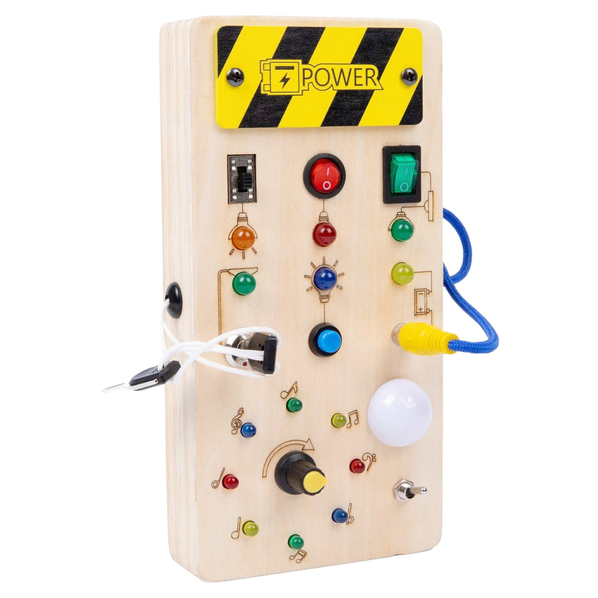 Busy Board Montessori Flippy din lemn natural cu 36 comutatoare și lumini LED, vedere frontală