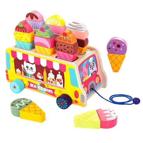 Jucarie Educativa Montessori, Flippy, Model Camion de Inghetata, Sortator Forme, 22 x 11 x 12 cm, 3+ ani, Multicolor - vivimall.ro