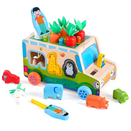 Jucarie Educativa Montessori, Flippy, Model Masinuta Educativa din Lemn 6 in 1, Sortator Forme, 1–3 ani, 23.7 x 17.5 x 12 cm, Multicolor - vivimall.ro