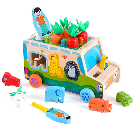 Jucarie Educativa Montessori, Flippy, Model Masinuta Educativa din Lemn 6 in 1, Sortator Forme, 1–3 ani, 23.7 x 17.5 x 12 cm, Multicolor - vivimall.ro