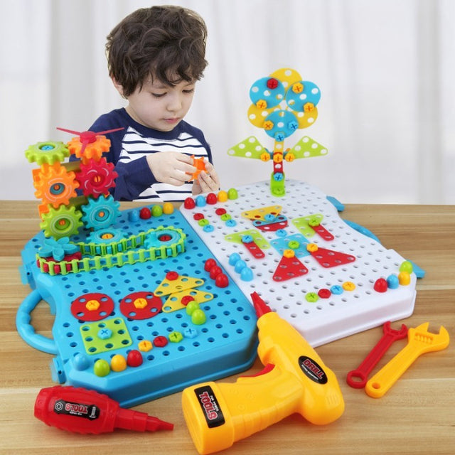 Jucarie Educativa Si Interactiva, Set De Constructie Puzzle Din Abs Cu Bormasina Pentru Dezvoltatea Creativitatii Si A Indemanarii 2D Si 3D, Valiza, +3, 31X7X25 Cm, 336 Piese - vivimall.ro