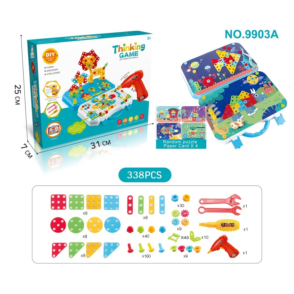 Jucarie Educativa Si Interactiva, Set De Constructie Puzzle Din Abs Cu Bormasina Pentru Dezvoltatea Creativitatii Si A Indemanarii 2D Si 3D, Valiza, +3, 31X7X25 Cm, 338 Piese - vivimall.ro