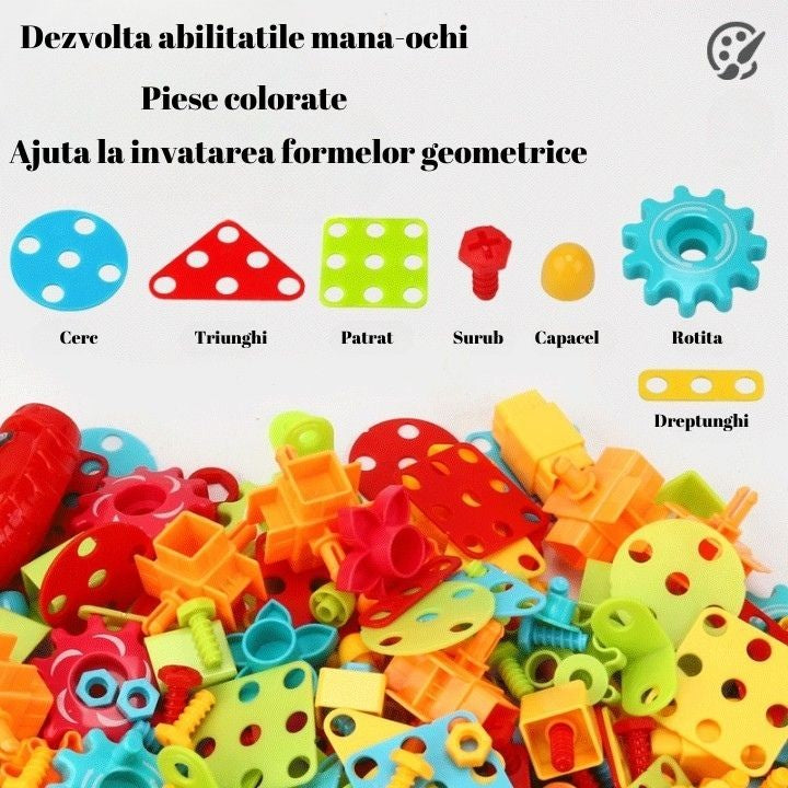 Jucarie Educativa Si Interactiva, Set De Constructie Puzzle Din Abs Cu Bormasina Pentru Dezvoltatea Creativitatii Si A Indemanarii 2D Si 3D, Valiza, +3, 31X7X25 Cm, 338 Piese - vivimall.ro