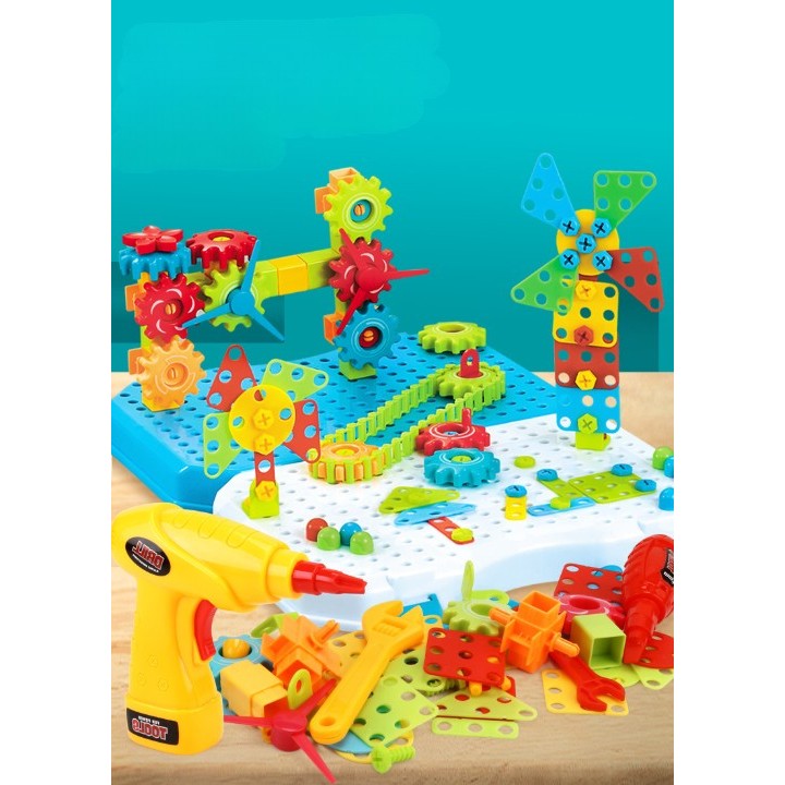 Jucarie Educativa Si Interactiva, Set De Constructie Puzzle Din Abs Cu Bormasina Pentru Dezvoltatea Creativitatii Si A Indemanarii 2D Si 3D, Valiza, +3, 31X7X25 Cm, 338 Piese - vivimall.ro