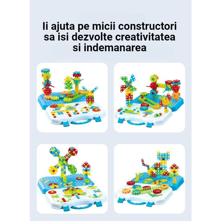 Jucarie Educativa Si Interactiva, Set De Constructie Puzzle Din Abs Cu Bormasina Pentru Dezvoltatea Creativitatii Si A Indemanarii 2D Si 3D, Valiza, +3, 31X7X25 Cm, 338 Piese - vivimall.ro