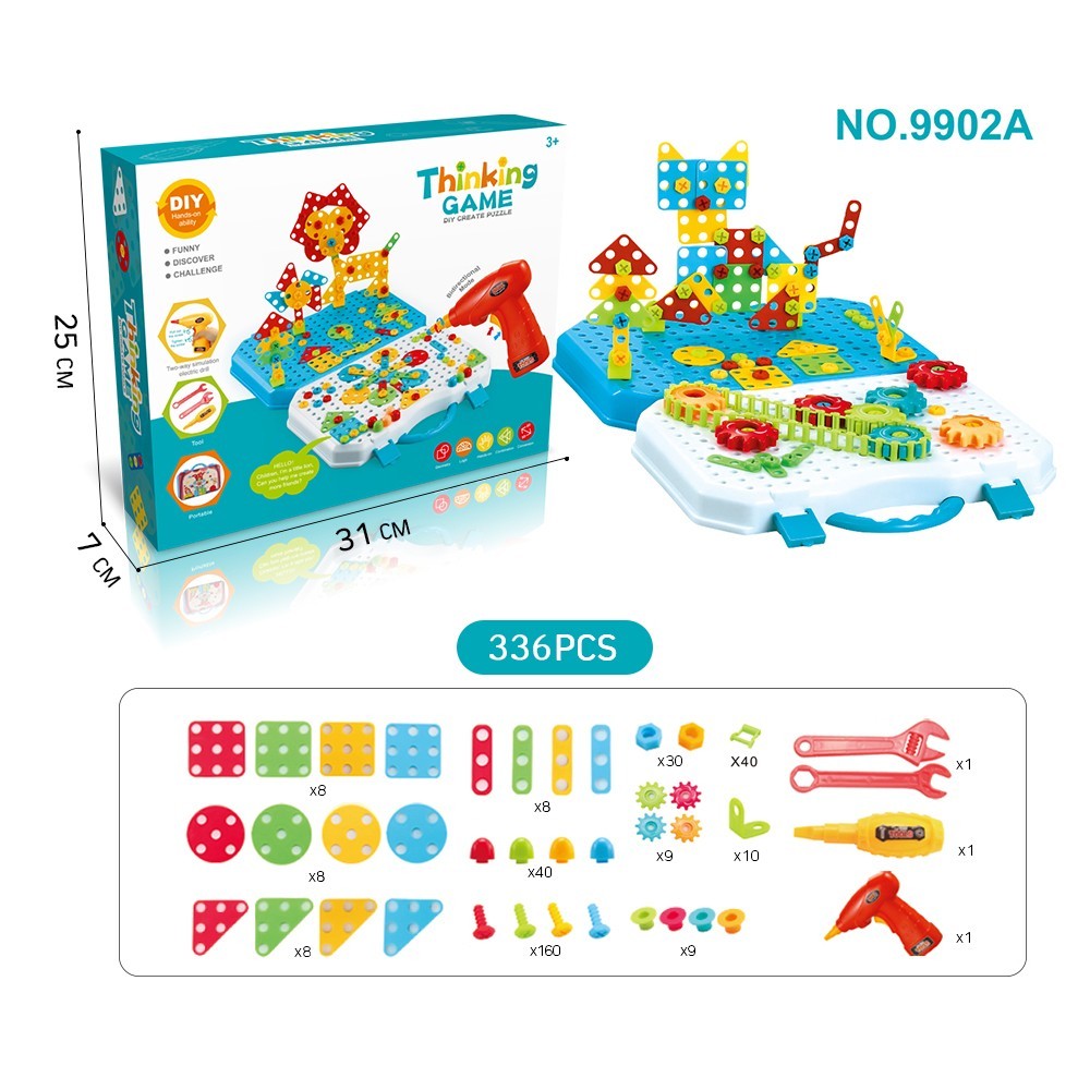Jucarie Educativa Si Interactiva, Set De Constructie Puzzle Din Abs Cu Bormasina Pentru Dezvoltatea Creativitatii Si A Indemanarii 2D Si 3D, Valiza, +3, 31X7X25 Cm, 336 Piese - vivimall.ro