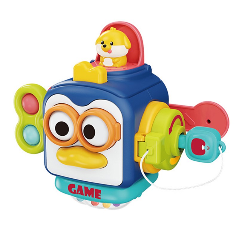 Jucărie interactivă Montessori Pinguin Ocupat din plastic ABS, 13x11x11 cm, albastru/multicolor, vedere frontală