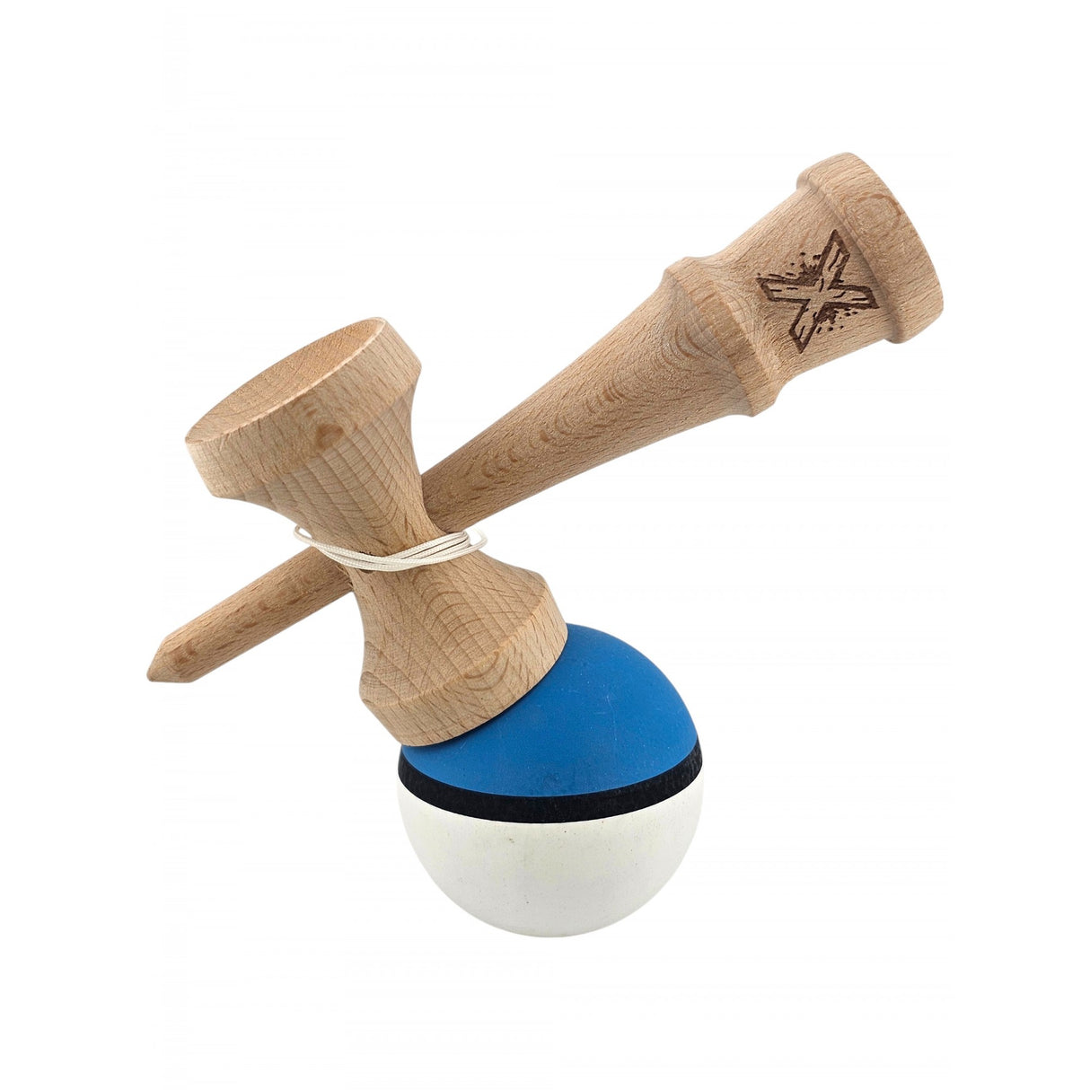 Kendama X Originala, Profesionala, Vivimall, din Lemn, 18 cm, Rubber Grip, Albastru/Alb - vivimall.ro